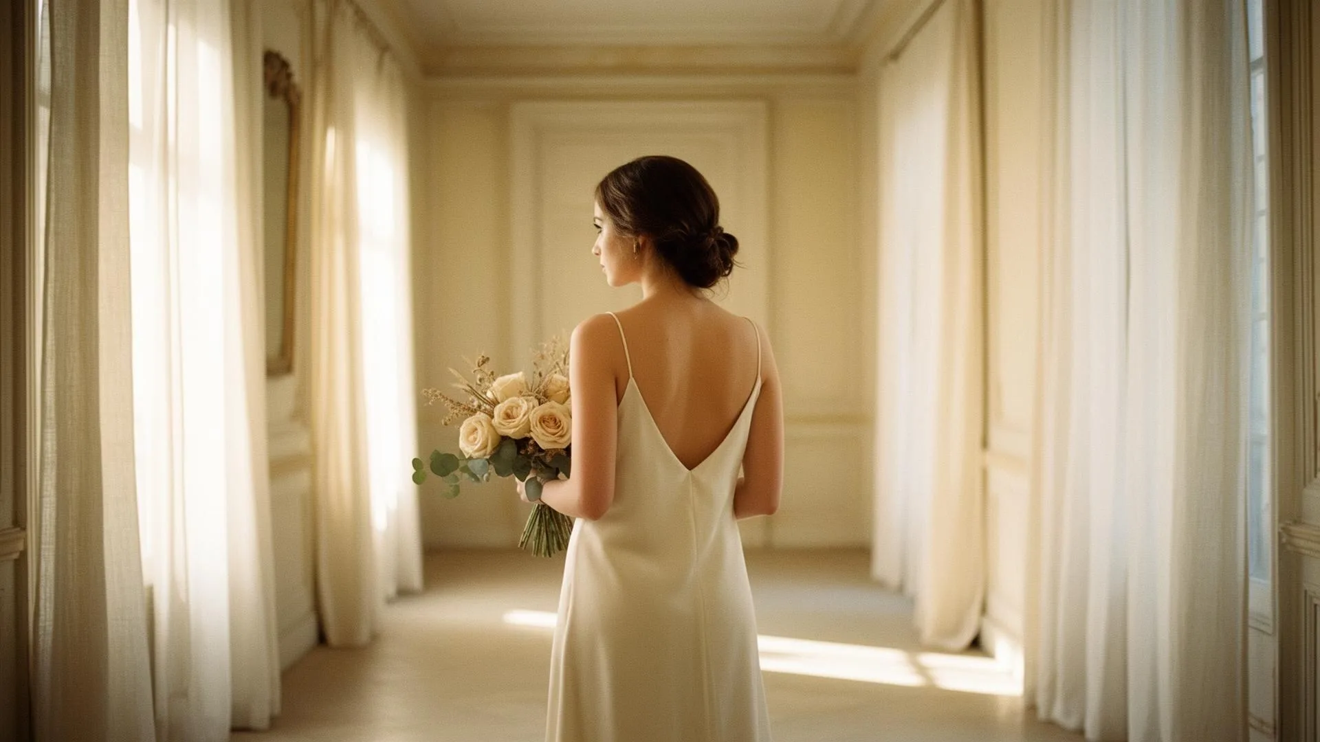 Bride in ivory silk dress in golden hour light — editorial wedding photography
